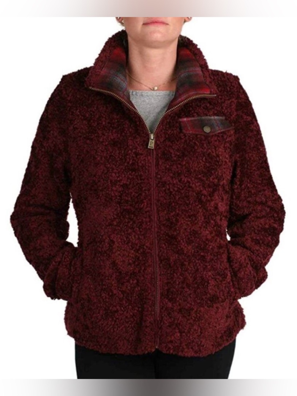 PENDLETON Plush Sherpa Full Zip Jacket in Deep Burgundy Plaid Collar Preppy Fall